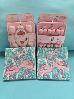 Pink Silicone Fruit Ice Cube Molds & Flamingo Napkins Set